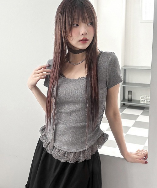 almo（アルモ）の「【LAMPOON】レースストールカットソー（Tシャツ/カットソー・レディース・グレー/ホワイト・MEDIUM）」の6枚目の写真
