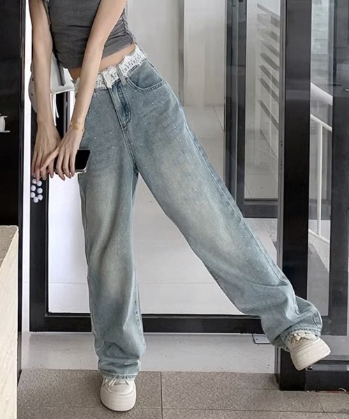 Miniministore（ミニミニストア）の「レースウエストデニムパンツビジューデニム（デニムパンツ・レディース・サックスブルー・S/M/L/XL）」の6枚目の写真