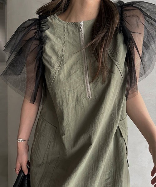 セール】frill tulle no sleeve nylon zip OP（ワンピース