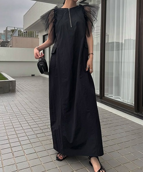 WILLFULLY（ウィルフリー）の「frill tulle no sleeve nylon zip OP