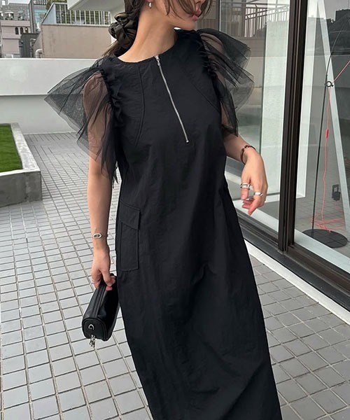 WILLFULLY（ウィルフリー）の「frill tulle no sleeve nylon zip OP