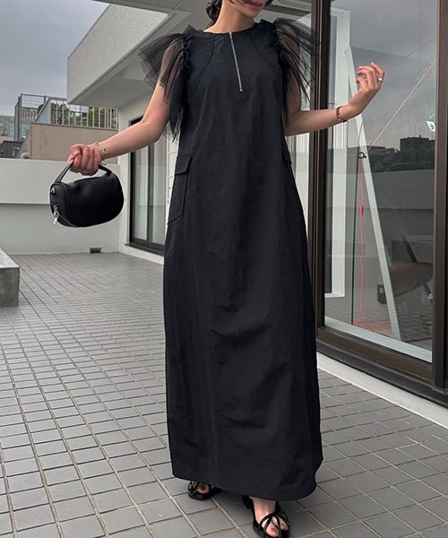 WILLFULLY（ウィルフリー）の「frill tulle no sleeve nylon zip OP