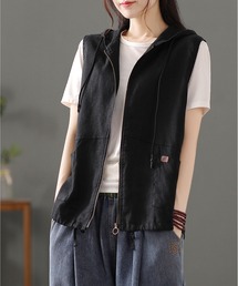 麻混　フード　ジレ