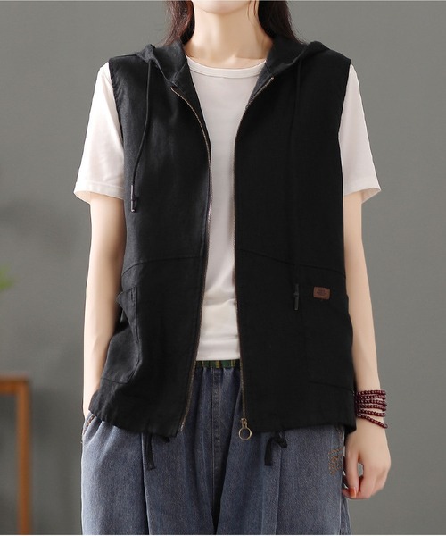 BLANC FICELLE(ブランフィセル)の「麻混 フード ジレ(ベスト・レディース・モカ/ブラック/ナチュラル・M/L/XL)」の6枚目の写真