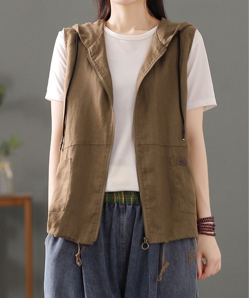 BLANC FICELLE(ブランフィセル)の「麻混 フード ジレ(ベスト・レディース・モカ/ブラック/ナチュラル・M/L/XL)」の9枚目の写真