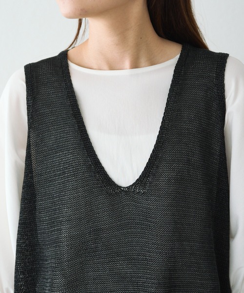 PUAL CE CIN（ピュアルセシン）の「テープヤーン Vネックベスト（ベスト・レディース・ブラック/ベージュ・FREE）」の7枚目の写真