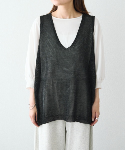 PUAL CE CIN（ピュアルセシン）の「テープヤーン Vネックベスト（ベスト・レディース・ブラック/ベージュ・FREE）」の10枚目の写真