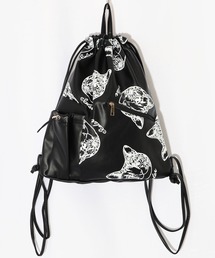 652437：ネコ柄の合成皮革ナップザックバッグ