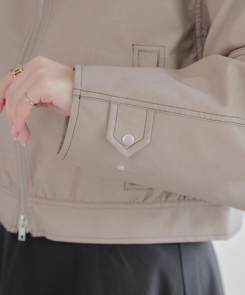 セール】フェイクレザー配色ステッチブルゾン（ライダースジャケット