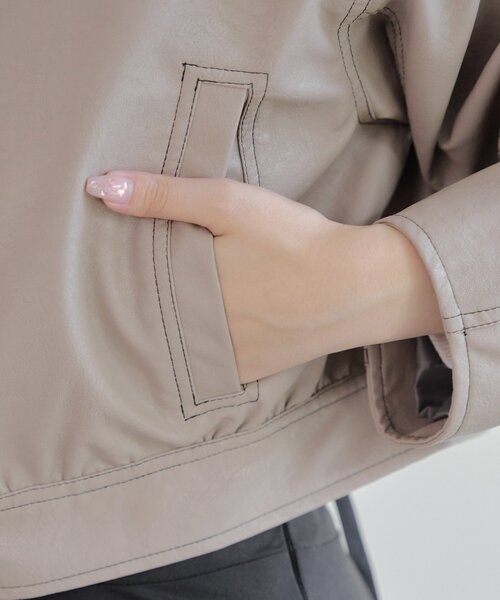 セール】フェイクレザー配色ステッチブルゾン（ライダースジャケット