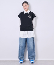 pom ponette junior（ポンポネットジュニア）の「【AMI】ミニ裏毛ベスト×ペプラムシャツワンピースセット（シャツワンピース）」