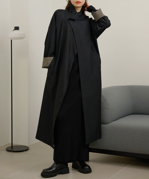 stand collar bicolor sleeve coat /スタンドカラー袖配色ロングコート