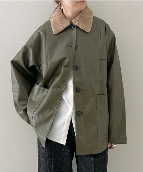 セール】オーバーサイズボア襟カバーオールフェイクレザー