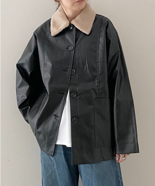 セール】オーバーサイズボア襟カバーオールフェイクレザー