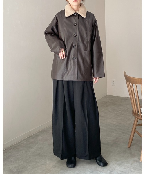 She's Closet(シーズクローゼット)の「オーバーサイズボア襟カバーオールフェイクレザージャケット(カバーオール・レディース・ブラウン/アイボリー/カーキ/ブラック・FREE)」の5枚目の写真