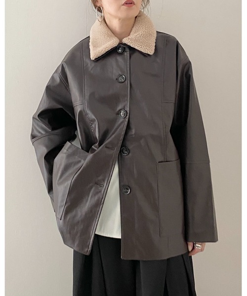 セール】オーバーサイズボア襟カバーオールフェイクレザー