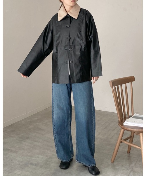 セール】オーバーサイズボア襟カバーオールフェイクレザー