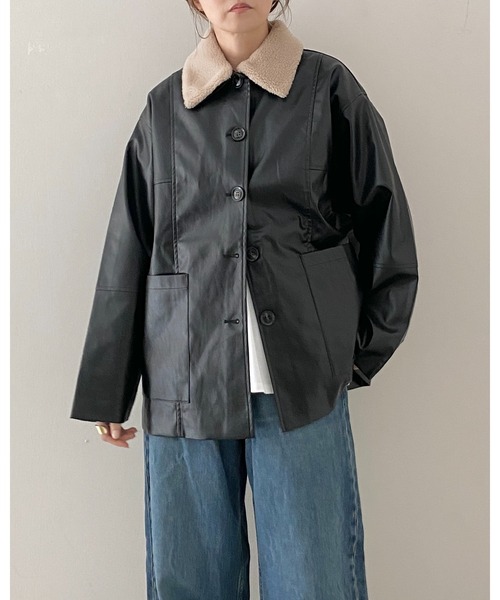 セール】オーバーサイズボア襟カバーオールフェイクレザージャケット