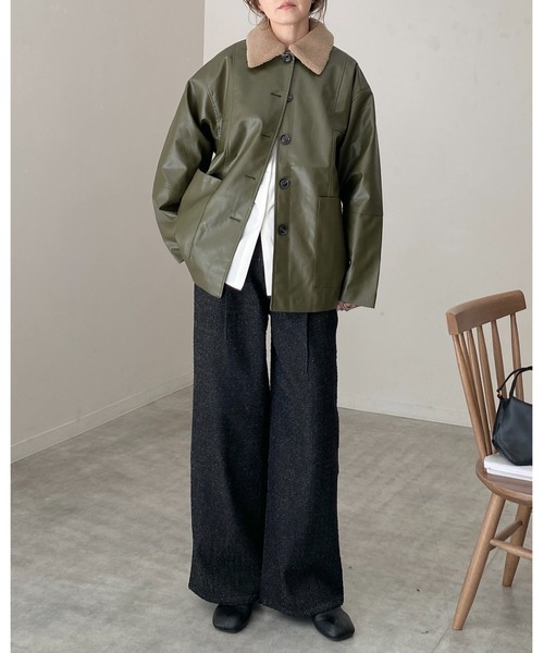 She's Closet(シーズクローゼット)の「オーバーサイズボア襟カバーオールフェイクレザージャケット(カバーオール・レディース・ブラウン/アイボリー/カーキ/ブラック・FREE)」の18枚目の写真