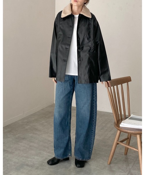 offwhiteカバーオールレザージャケット セール】オーバーサイズボア襟カバーオールフェイクレザージャケット