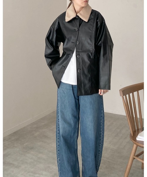 セール】オーバーサイズボア襟カバーオールフェイクレザー