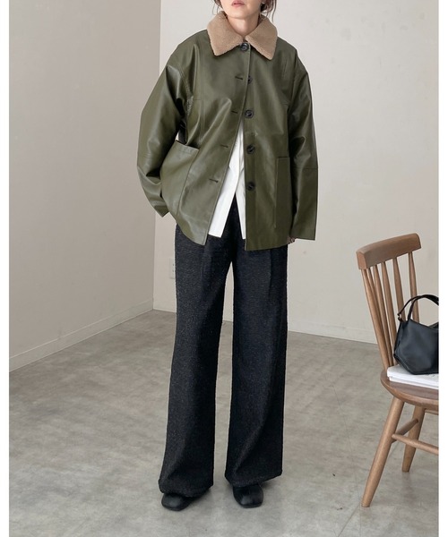 セール】オーバーサイズボア襟カバーオールフェイクレザージャケット