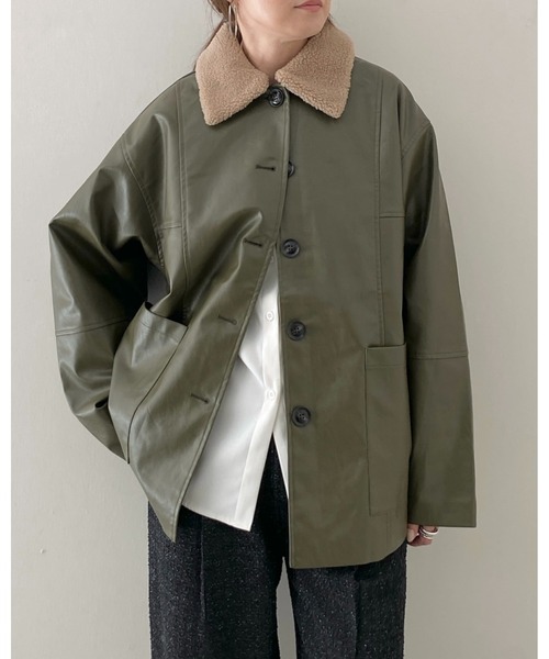 セール】オーバーサイズボア襟カバーオールフェイクレザー セール】オーバーサイズボア襟カバーオールフェイクレザー