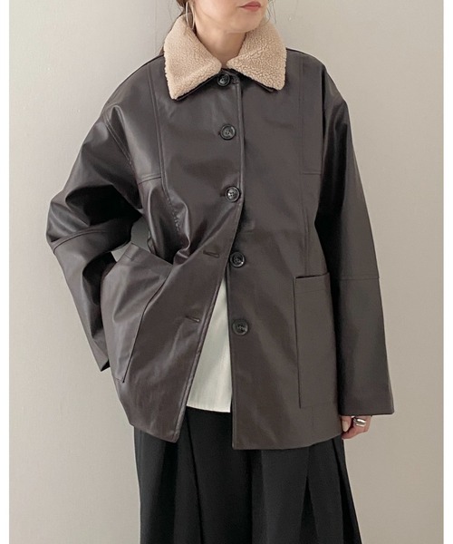 セール】オーバーサイズボア襟カバーオールフェイクレザージャケット