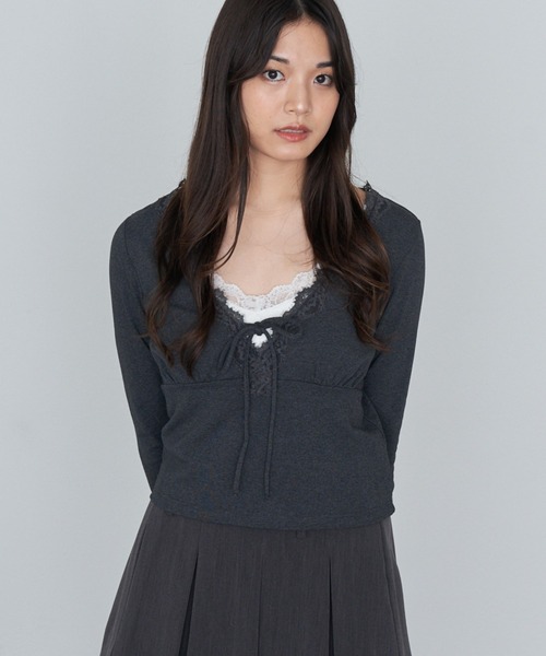 RAY CASSIN（レイカズン）の「レース切替ロングTシャツ（Tシャツ/カットソー・レディース・ブラック/ブラック系その他2/チャコールグレー/ブラウン系その他2/ベージュ系その他2・FREE）」の12枚目の写真