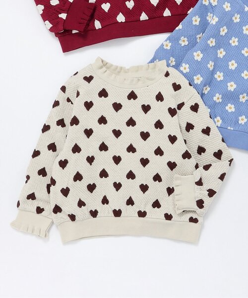 apres les cours（アプレレクール）の「【ジュニア対応】ハート・フラワージャガードトレーナー（スウェット・キッズ・レッド/アイボリー/サックスブルー・90/100/110/120/130/140/80）」の2枚目の写真