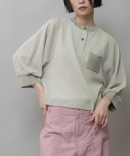Munich(ミューニック)の「【速乾性】シアーワッフル×ニットリブパフスリーブプルオーバー(Tシャツ/カットソー・レディース・ホワイト/グレイッシュベージュ/ブラック・FREE)」の1枚目の写真