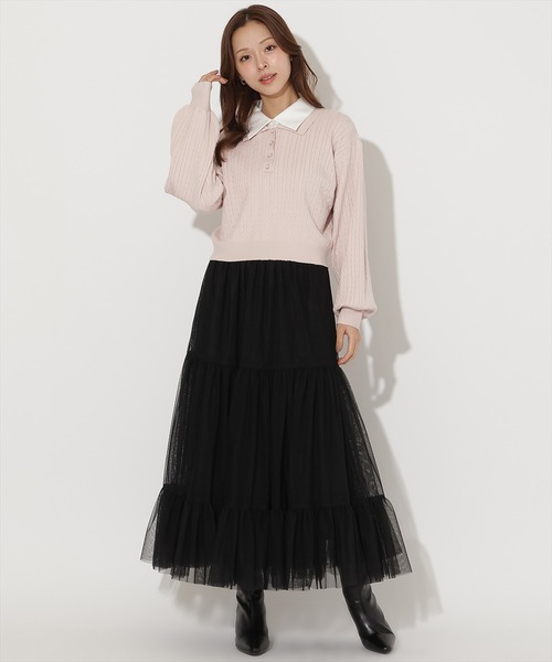 AND COUTURE(アンドクチュール)の「シャツ襟ケーブルニット(ニット/セーター・レディース・ブルー/ライトグレー/ピンク/ブラック・FREE)」の6枚目の写真