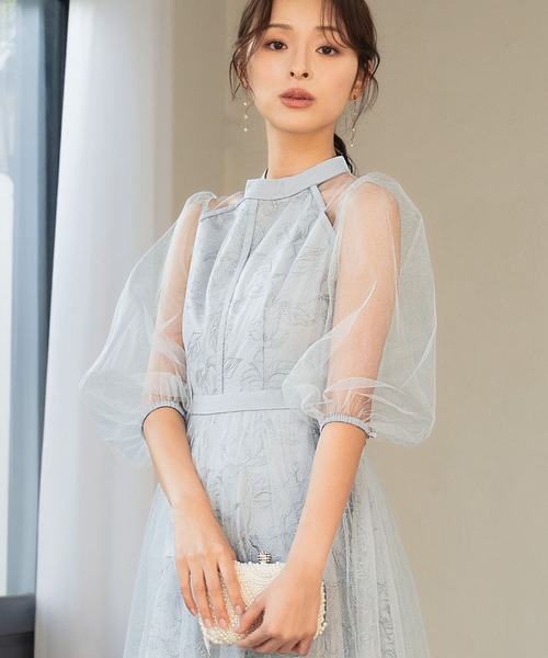 girl(ガール)の「花柄刺繍 シアー チュールレイヤード ドレス 結婚式 ワンピース パーティードレス オケージョンドレス お呼ばれ 二次会 成人式 同窓会 謝恩会(ドレス・レディース・ブラック/ブルーグレー/ピンクベージュ/ブラウン・S/M/L/2L)」の3枚目の写真