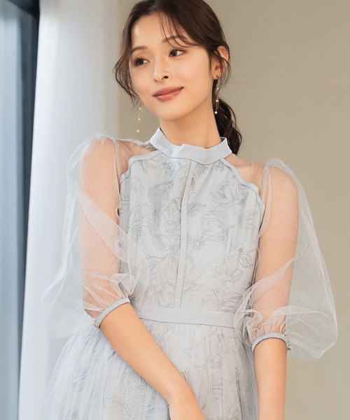 girl(ガール)の「花柄刺繍 シアー チュールレイヤード ドレス 結婚式 ワンピース パーティードレス オケージョンドレス お呼ばれ 二次会 成人式 同窓会 謝恩会(ドレス・レディース・ブラック/ブルーグレー/ピンクベージュ/ブラウン・S/M/L/2L)」の6枚目の写真