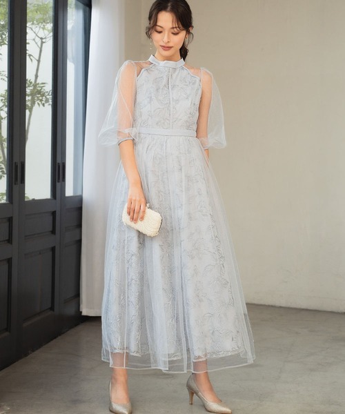 girl(ガール)の「花柄刺繍 シアー チュールレイヤード ドレス 結婚式 ワンピース パーティードレス オケージョンドレス お呼ばれ 二次会 成人式 同窓会 謝恩会(ドレス・レディース・ブラック/ブルーグレー/ピンクベージュ/ブラウン・S/M/L/2L)」の9枚目の写真
