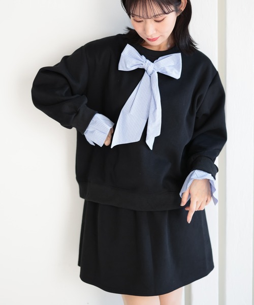 Ruwan yu(ルワンユー)の「スウェット×シャツフェイクレイヤードトップス&スウェットミニスカート【大きいサイズ対応】(スウェット・レディース・ブラック・L/LL/3L)」の3枚目の写真