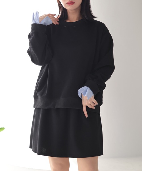 Ruwan yu(ルワンユー)の「スウェット×シャツフェイクレイヤードトップス&スウェットミニスカート【大きいサイズ対応】(スウェット・レディース・ブラック・L/LL/3L)」の5枚目の写真