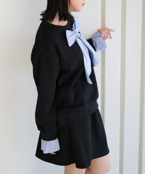 Ruwan yu(ルワンユー)の「スウェット×シャツフェイクレイヤードトップス&スウェットミニスカート【大きいサイズ対応】(スウェット・レディース・ブラック・L/LL/3L)」の9枚目の写真