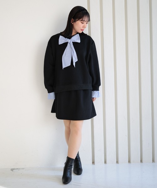 Ruwan yu(ルワンユー)の「スウェット×シャツフェイクレイヤードトップス&スウェットミニスカート【大きいサイズ対応】(スウェット・レディース・ブラック・L/LL/3L)」の10枚目の写真
