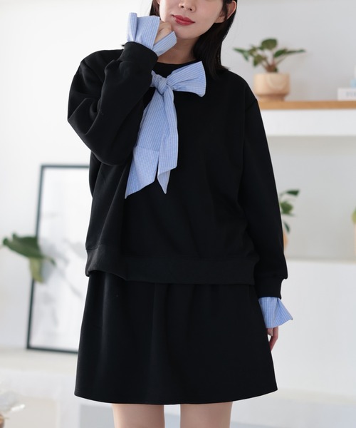 Ruwan yu(ルワンユー)の「スウェット×シャツフェイクレイヤードトップス&スウェットミニスカート【大きいサイズ対応】(スウェット・レディース・ブラック・L/LL/3L)」の11枚目の写真