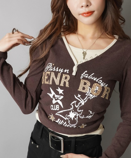 SPINNS(スピンズ)の「ヘンリーネック×重ね着風ガールズストリートトップス(Tシャツ/カットソー・レディース・チャコール/ブラウン/グレー/アイボリー・ONESIZE)」の11枚目の写真