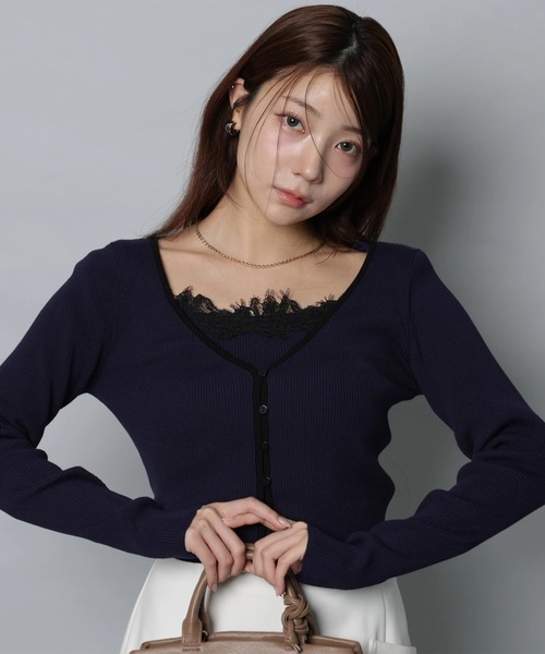 Apuweiser-riche(アプワイザーリッシェ)の「パイピングレースニットアンサンブル(ニット/セーター・レディース・ピンクベージュ/ホワイト/ミント/ネイビー・2)」の1枚目の写真