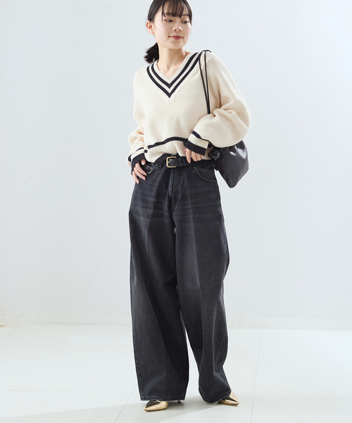 journal standard L'essage（ジャーナルスタンダードレサージュ）の「リネンラインVネックプルオーバー（ニット/セーター・レディース・アイボリー/ブラック・FREE）」の8枚目の写真