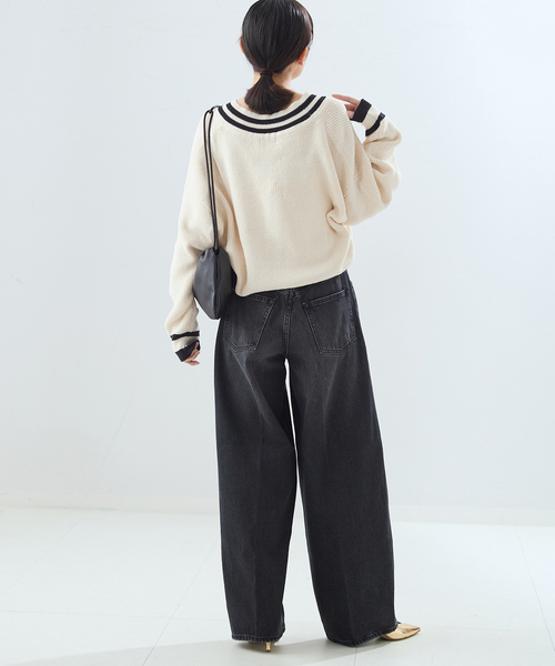 journal standard L'essage（ジャーナルスタンダードレサージュ）の「リネンラインVネックプルオーバー（ニット/セーター・レディース・アイボリー/ブラック・FREE）」の9枚目の写真