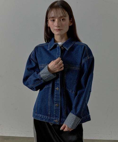 Lipoy(リポイ)の「オーバーサイズ ケミカル加工入り ヴィンテージ デニムジャケット(デニムジャケット・レディース・ブルー/ネイビー・FREE)」の4枚目の写真