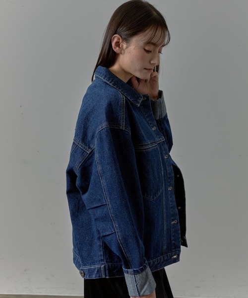 Lipoy(リポイ)の「オーバーサイズ ケミカル加工入り ヴィンテージ デニムジャケット(デニムジャケット・レディース・ブルー/ネイビー・FREE)」の21枚目の写真