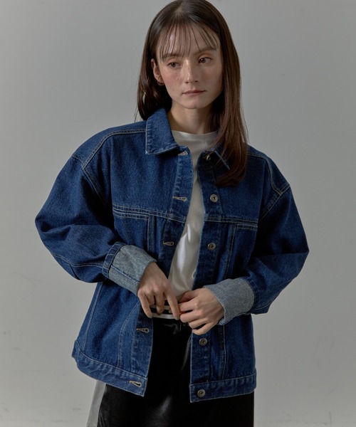 Lipoy(リポイ)の「オーバーサイズ ケミカル加工入り ヴィンテージ デニムジャケット(デニムジャケット・レディース・ブルー/ネイビー・FREE)」の10枚目の写真