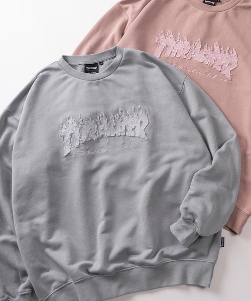 THRASHER（スラッシャー）の「【70】【THRASHER/スラッシャー】ピグメント加工 ダメージデニムロゴ 裏毛 クルーネックスウェット（スウェット・メンズ・ブラウン/ピンク/グレー/チャコールグレー・M/L/XL）」の2枚目の写真