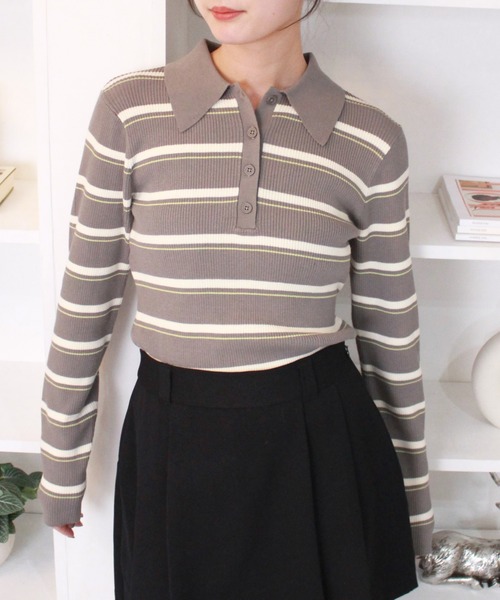 Reurie'（レウリィ）の「ボーダーポロニット / 長袖 配色 カジュアル ノームコア 韓国 バイカラー 水色ニット ブルーブラウン（ニット/セーター・レディース・グレー/ブルー・FREE）」の6枚目の写真