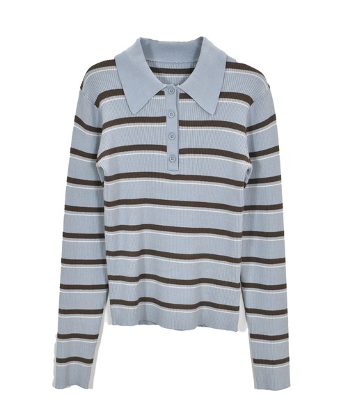 Reurie'（レウリィ）の「ボーダーポロニット / 長袖 配色 カジュアル ノームコア 韓国 バイカラー 水色ニット ブルーブラウン（ニット/セーター・レディース・グレー/ブルー・FREE）」の7枚目の写真